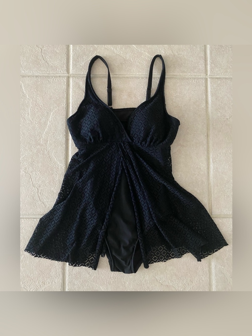 NWOT Swim Solutions Black Crochet Flyaway Swimdress - Size 10